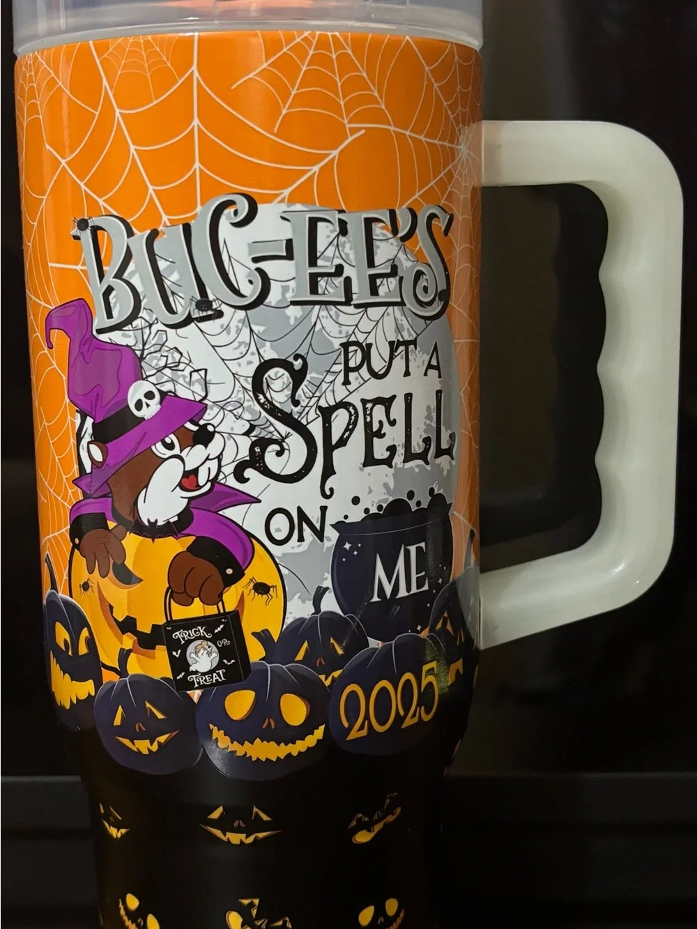 Buc-ee's Halloween Orange & Black Travel Mug - Put a Spell On Me
